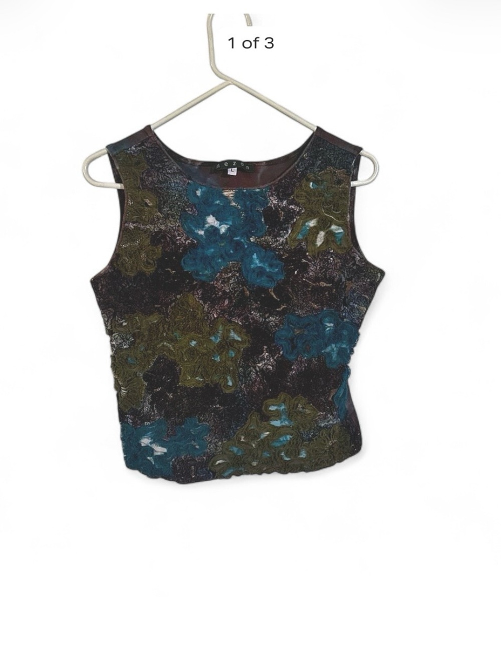 Mezon brand Floral Embroidered Sleeveless Top in Teal & Olive